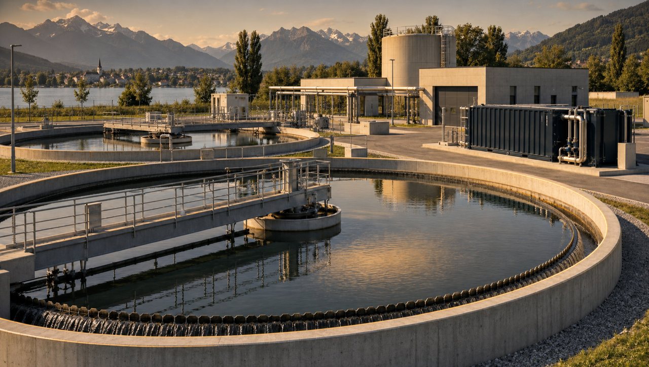 Wastewater treatment plant: circular treatment basin and containerised module