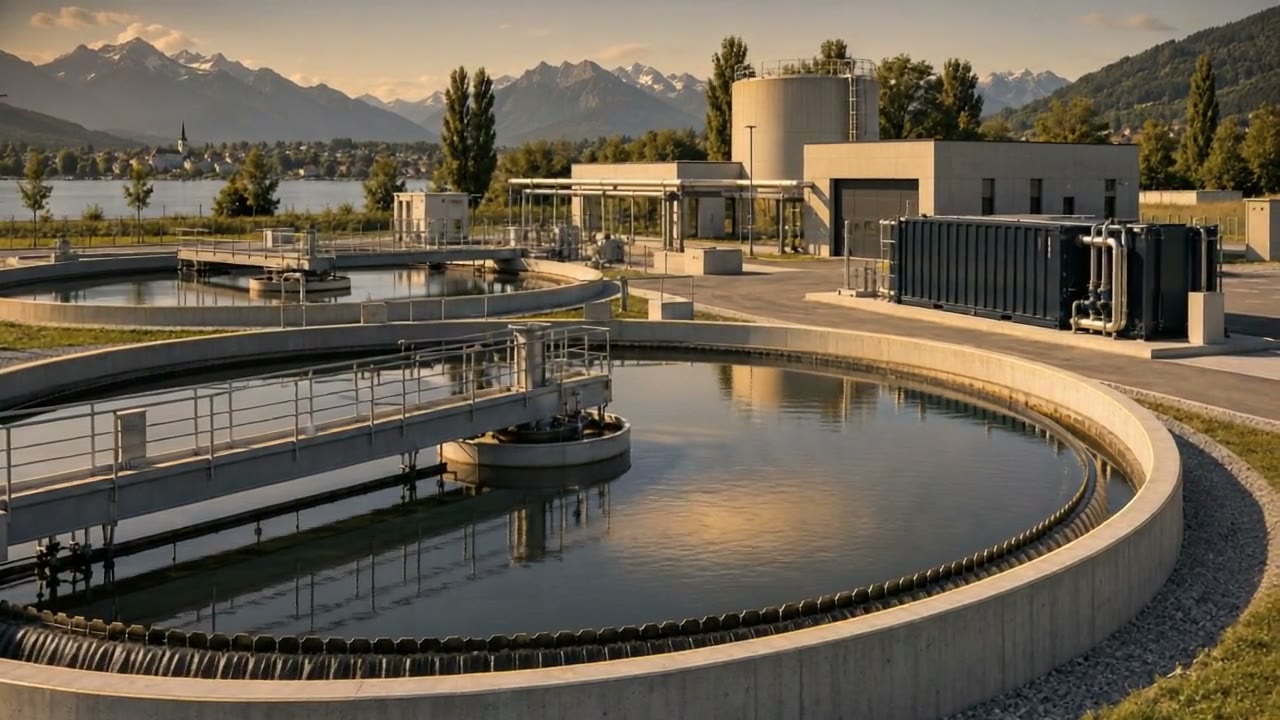 Wastewater treatment plant: circular treatment basin and containerised module